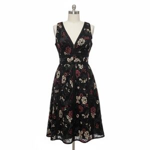 Harlyn Black Embroidered Floral Midi Cocktail Dress Deep V-Neck Size M